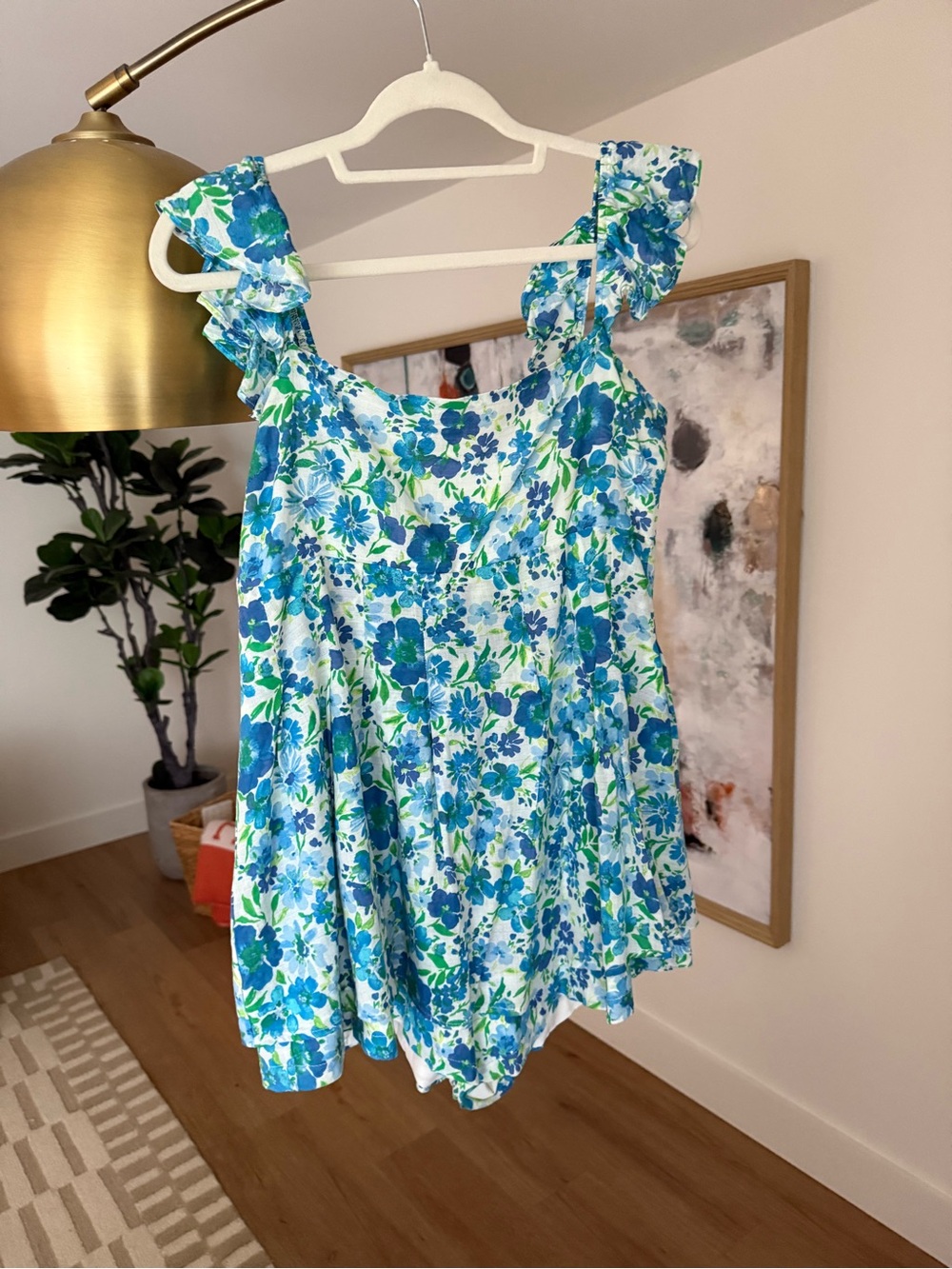Altar’d State Floral Ruffle Strap Women's Romper - Blue & Green